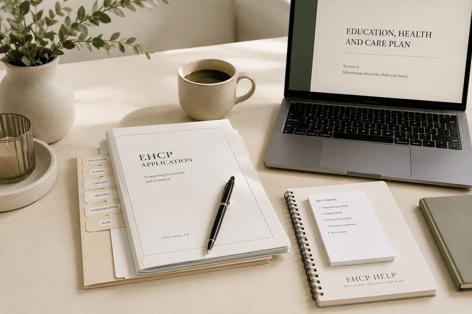 An EHCP application document, evidence folder, and notes laid out on a calm desk, representing careful EHCP application preparation