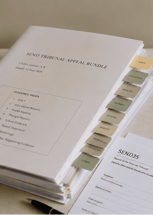 A professionally prepared SEND Tribunal appeal bundle with indexed evidence sections, representing the thorough case preparation we provide