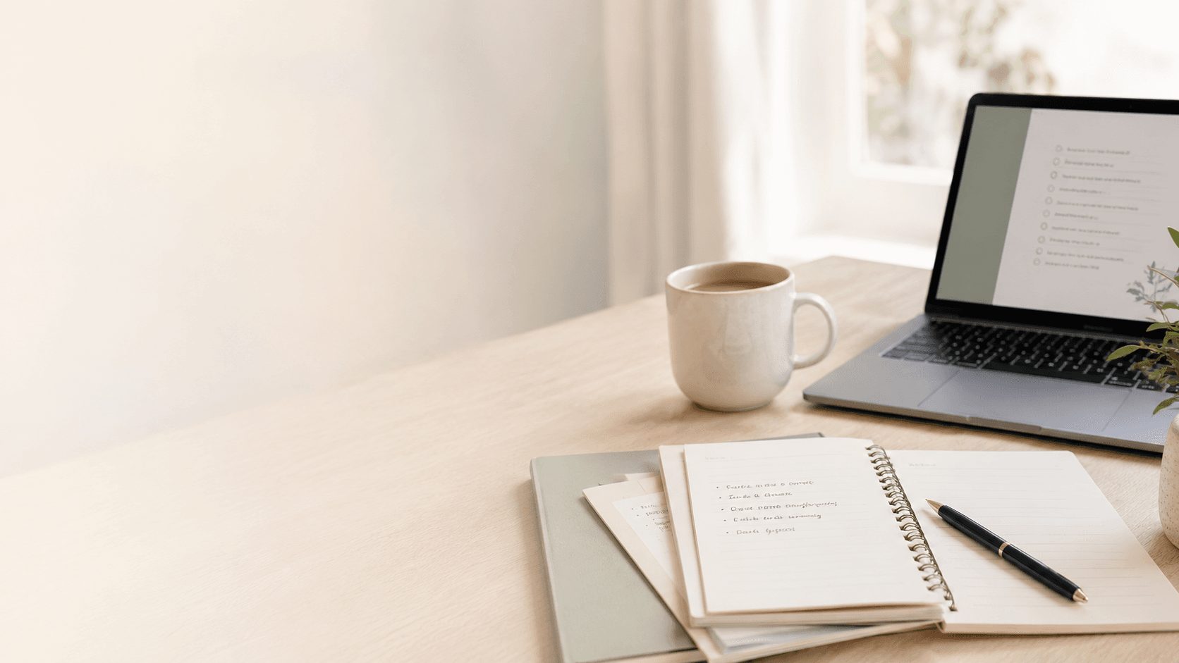 A calm desk with a laptop, notebooks, pen and coffee cup.